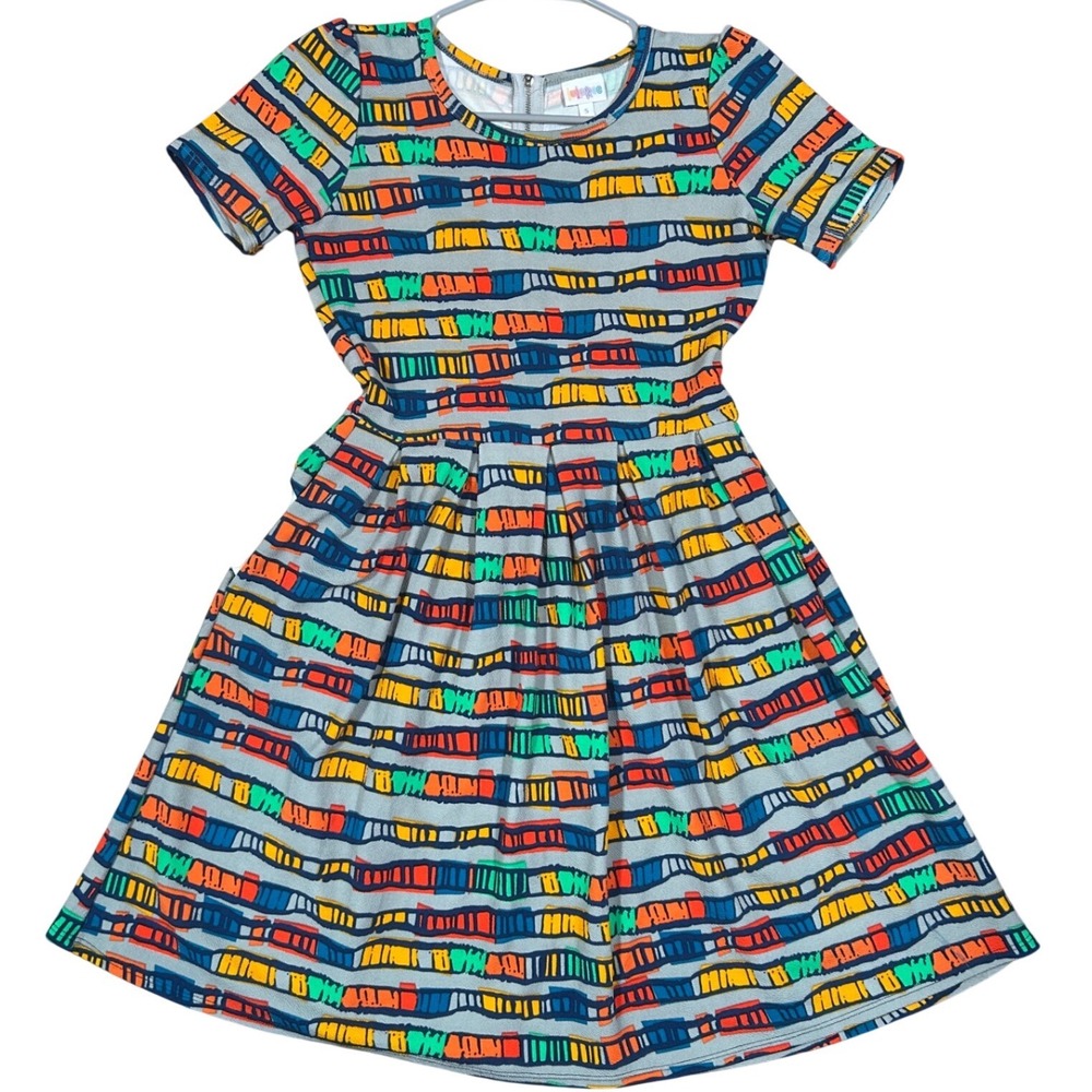 LuLaRoe Amelia Dress Sketch Rainbow Colorblock Stripe Fit Flare Pockets Small